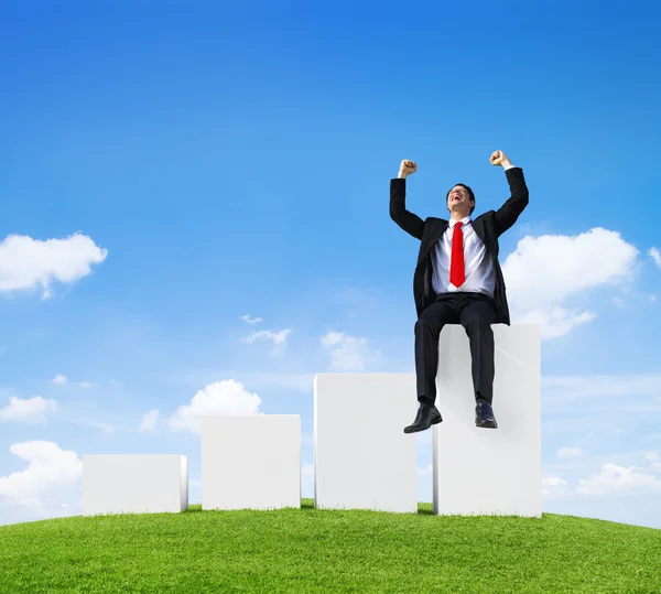 Businessman Outdoors Sitting on a Bar Graph — Stock Photo, Image