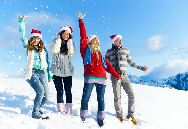 Amigos se divertindo na neve — Fotografia de Stock