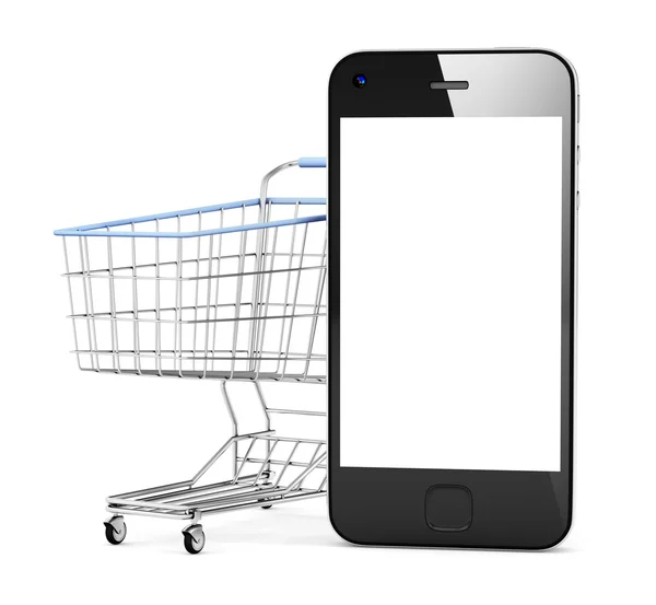 Chytrý telefon a nákupního košíku — Stock fotografie