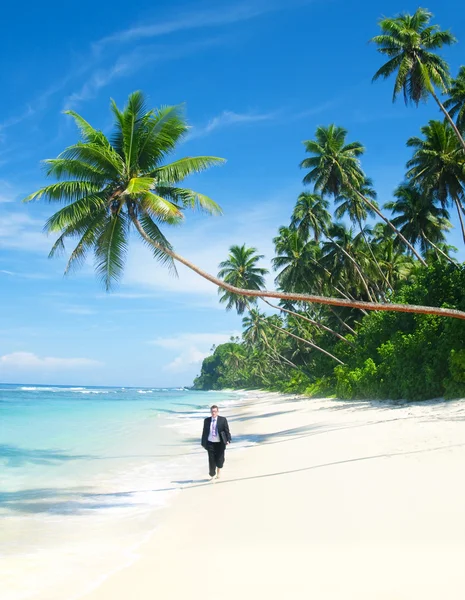 Businessman walking on tropical beach — Stock Photo, Image