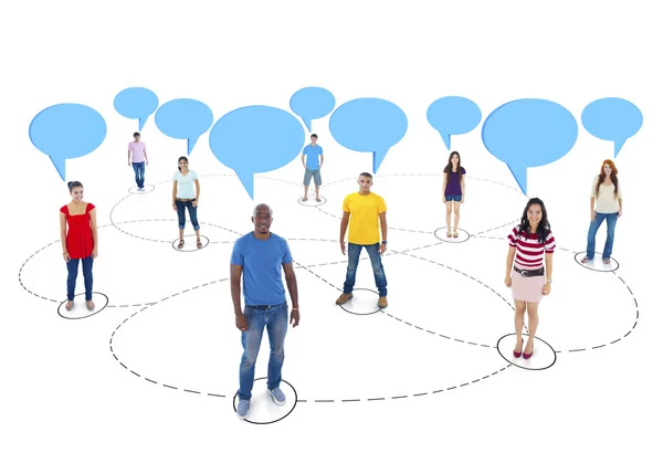 Connected Multi-Ethnic People with Empty Speech Bubbles Above — Stock Photo, Image