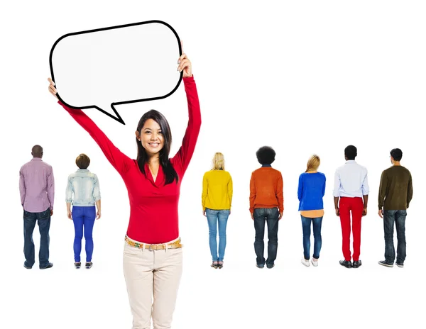 Group of People and Woman Holding Speech Bubble — Stock Photo, Image