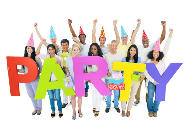 Gente celebrando con globos y regalos — Foto de Stock