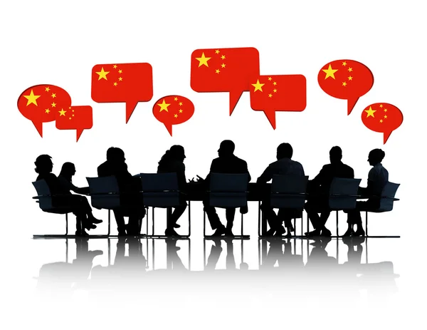 Business People Silhouettes With Chinese Flags — Stock Photo, Image