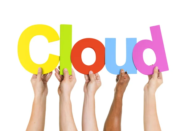 Ręce trzymając kolorowe słowa chmura — Zdjęcie stockowe