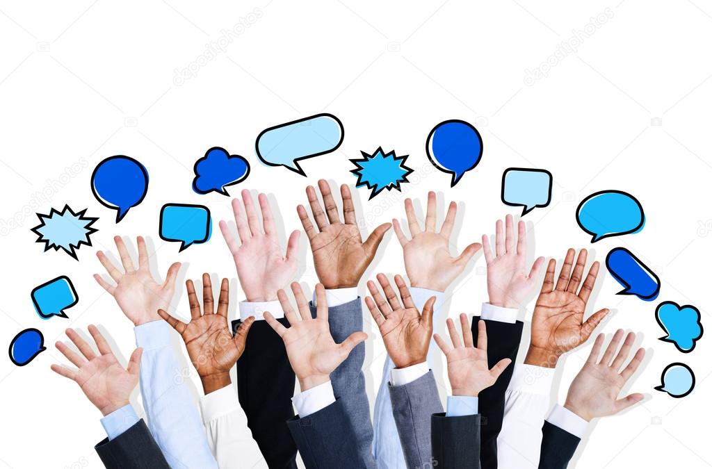 Business people's hands with speech bubbles