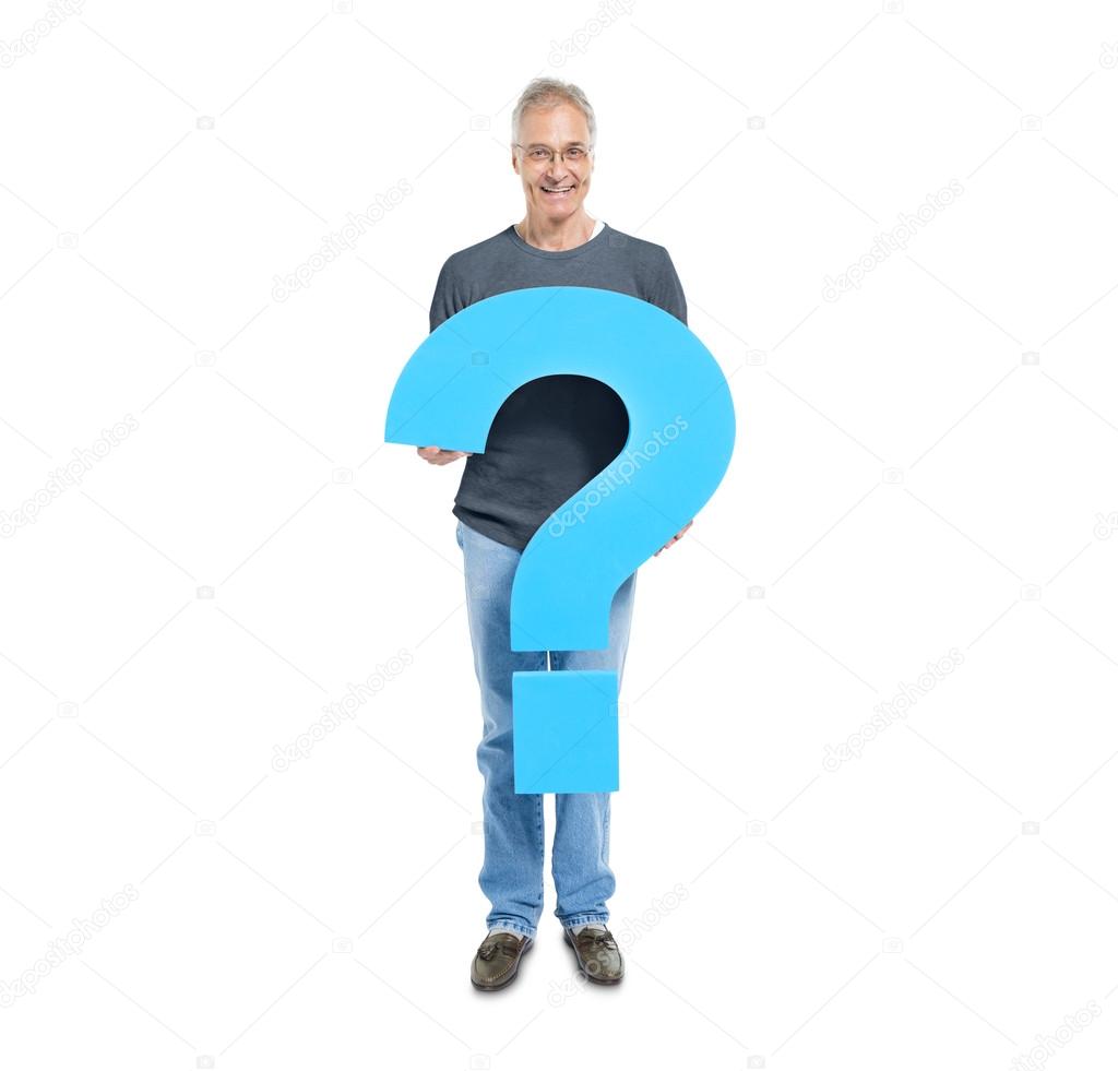 Man Holding Blue Question Mark
