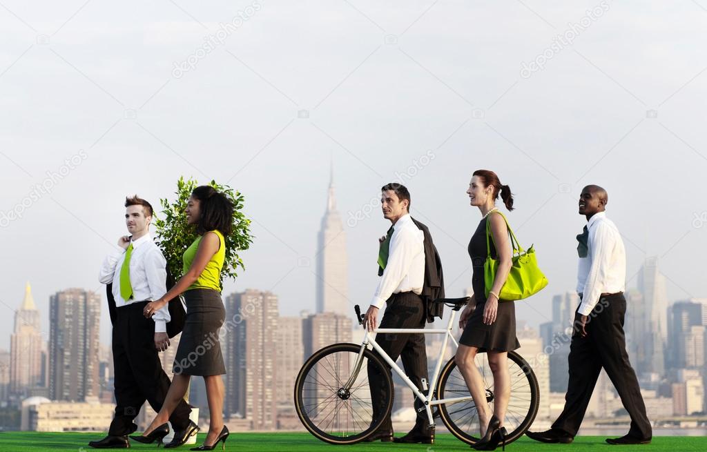 Green business commuters in city