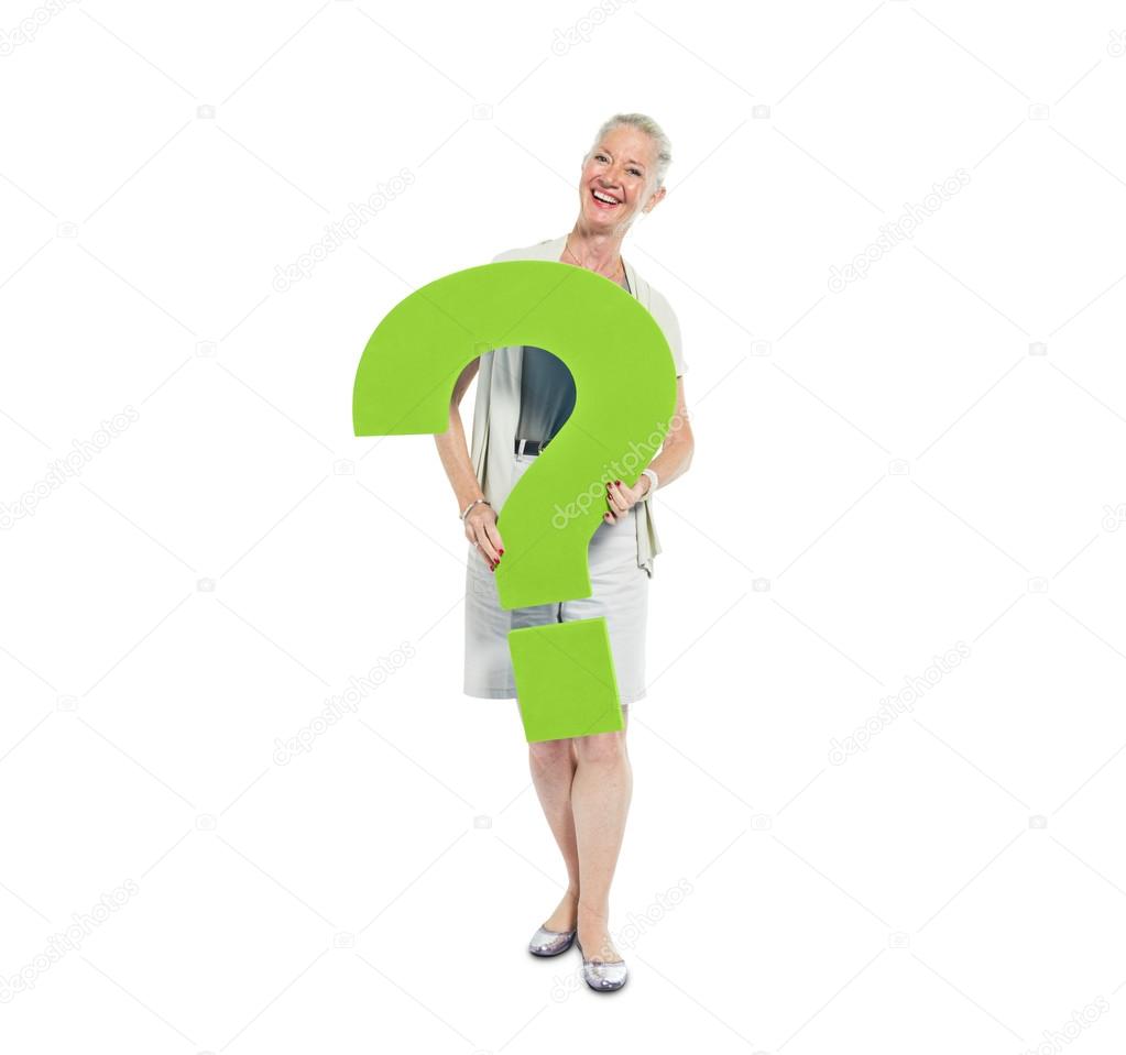 Woman Holding Green Question Mark