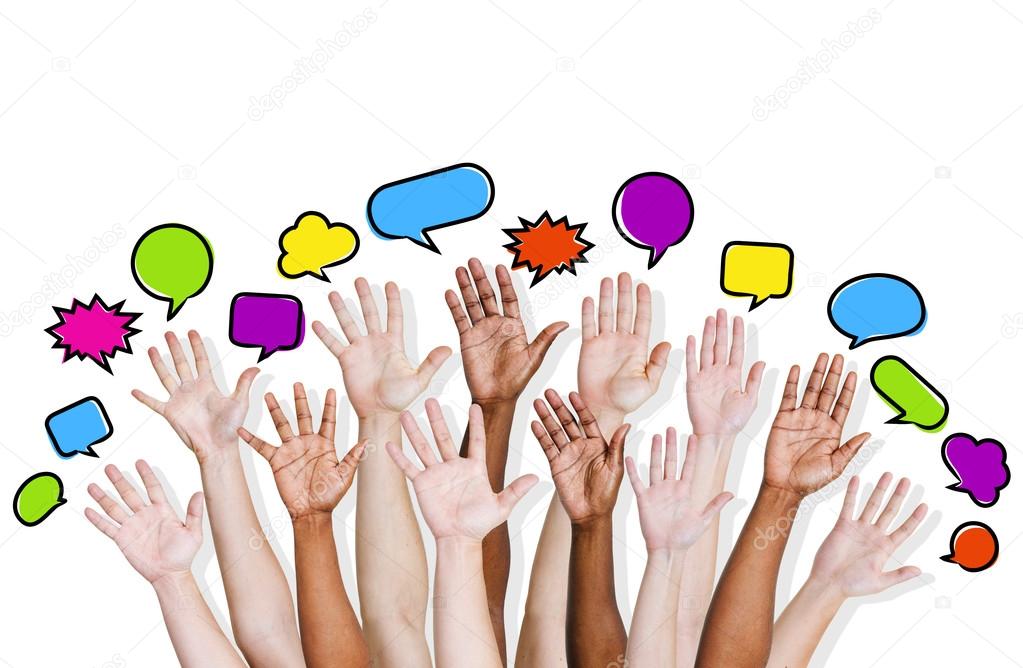 Arms raised with speech bubbles