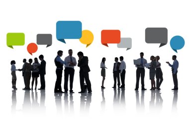 Silhouettes of Business People Discussing with Speech Bubbles clipart