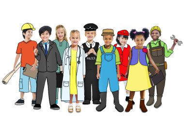 Çok ırklı bir grup insan çeşitli meslekler konsepti ile