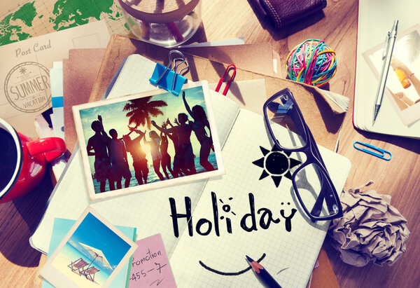 Desk with Summer Photographs and Notebook