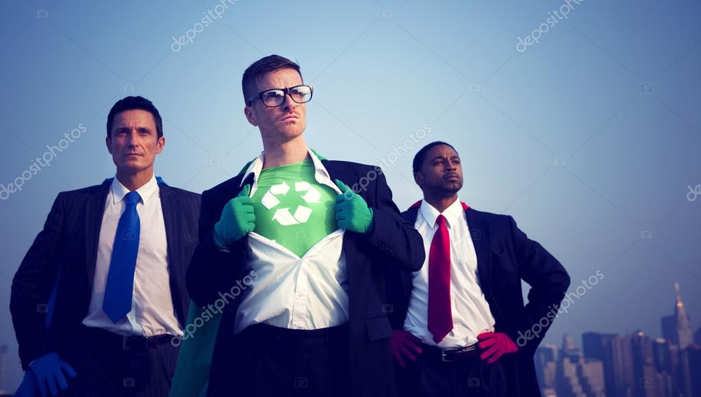 Superhero businessmen fighting for the environment.