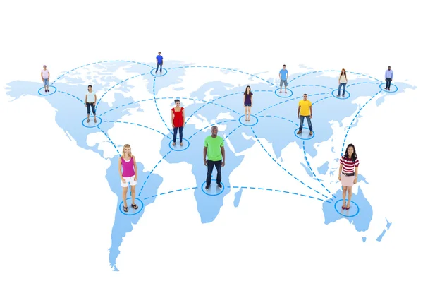 Lidé stojící na mapě světa — Stock fotografie