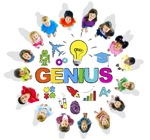 Multi-Ethnic Children with Text Genius — Stock Photo, Image