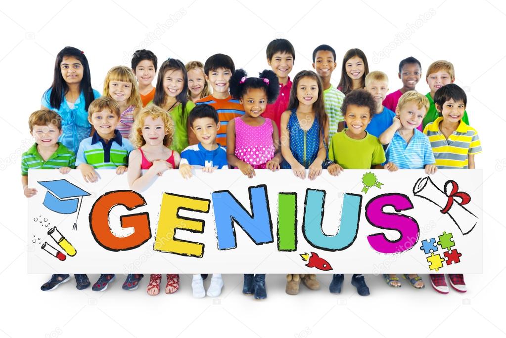 Children holding word Genius