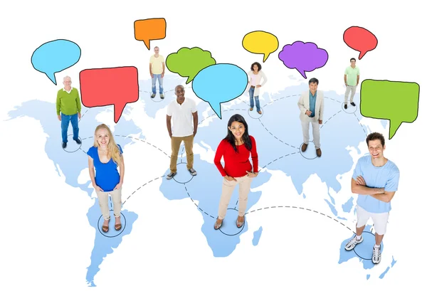 People on Cartography with Speech Bubbles — Stock Photo, Image