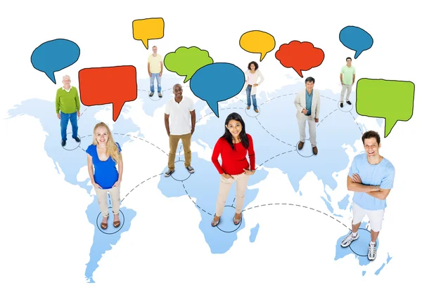 People on Cartography with Speech Bubbles — Stock Photo, Image