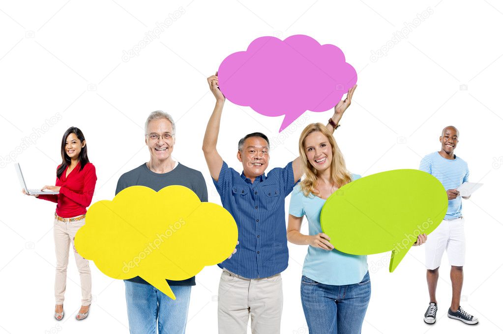 Multi-ethnic casual people holding the speech bubble