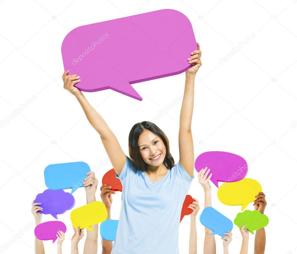 Woman holding speech bubble