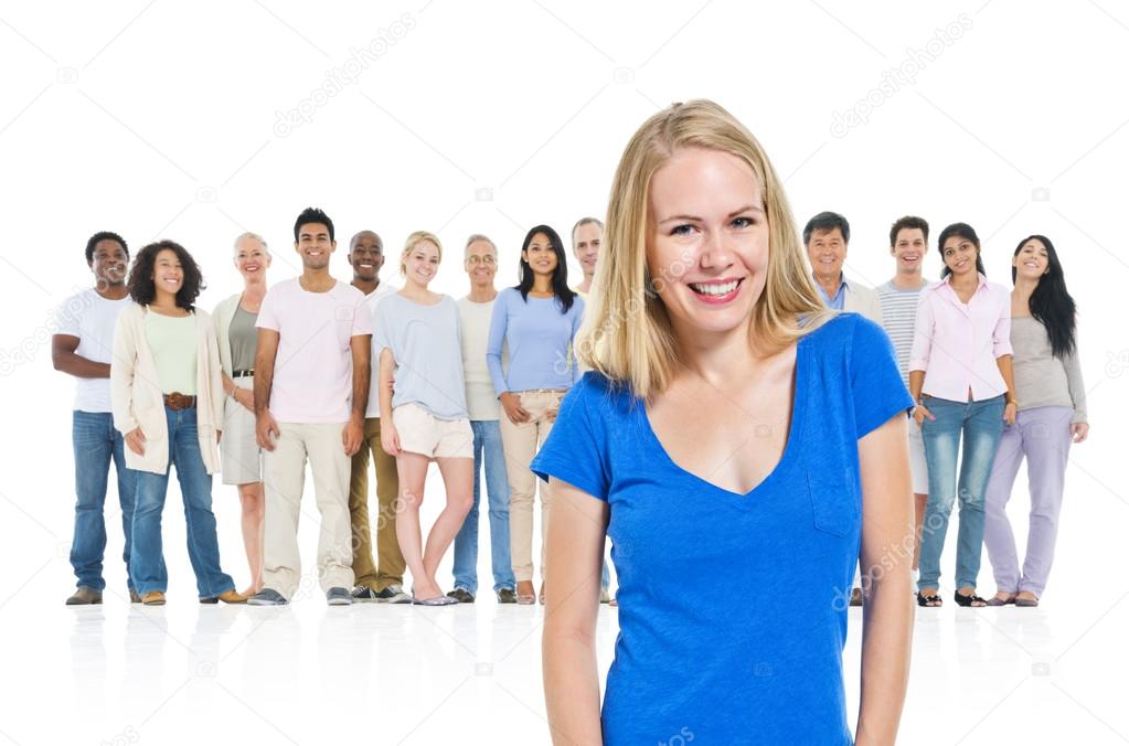 Woman standing out from crowd