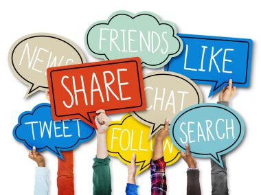 Konuşma balonları kelimelerle Holding eller