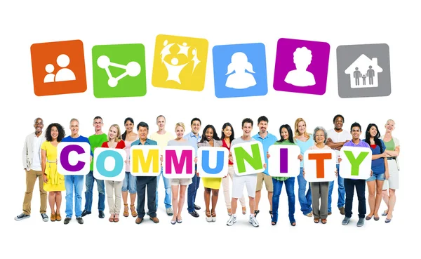 People holding placards forming community — Stock Photo, Image