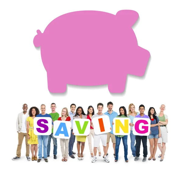 People Holding Saving with Piggy Bank — Stock Photo, Image