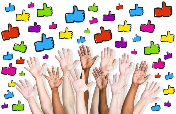 People's Hands Raised with Thumbs Up — Stock Photo, Image