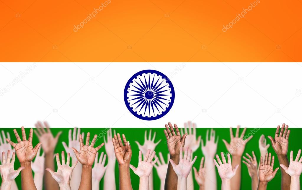 Hands Raised Up on an Indian Flag