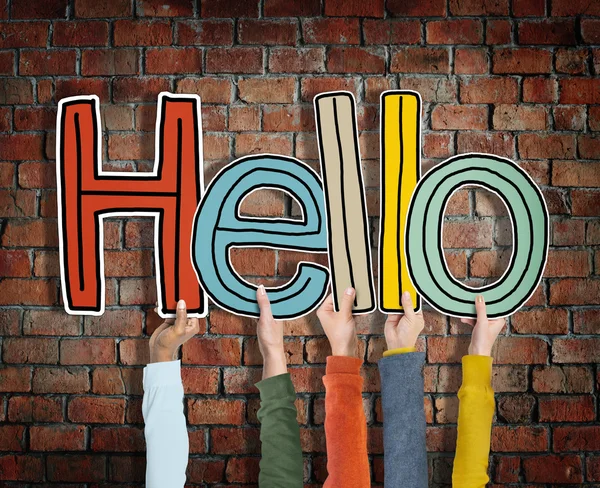 Divers handen met Word Hello — Stockfoto