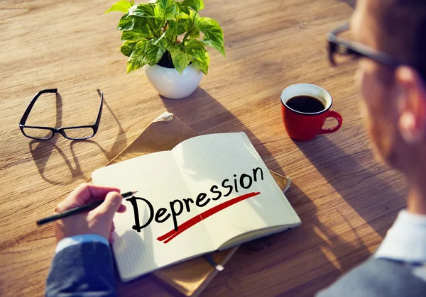 Zakenman schrijven Word depressie — Stockfoto