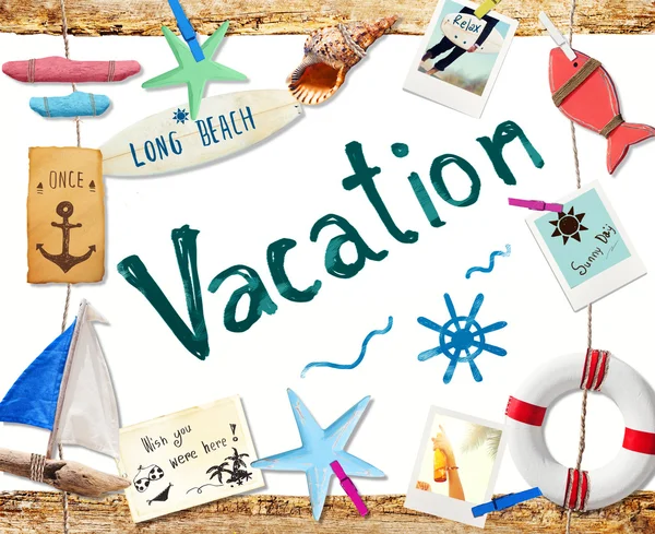 Parola di vacanza e oggetti da spiaggia — Foto Stock
