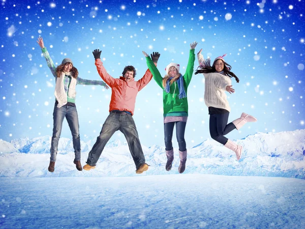 Friends Jumping outdoors Royalty Free Stock Images