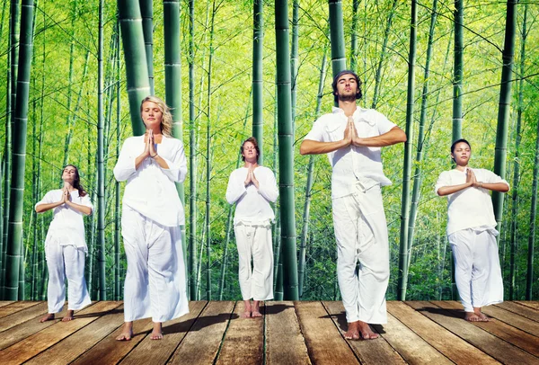 Gente haciendo meditación con la naturaleza — Foto de Stock