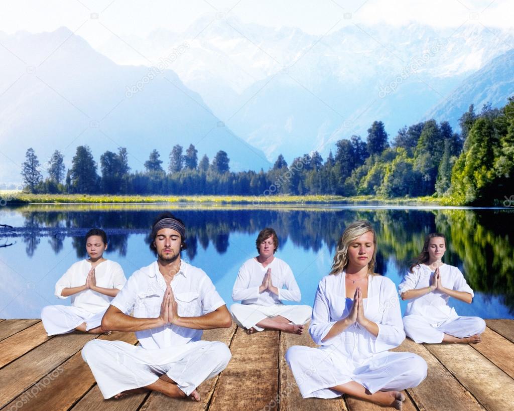 People Doing Meditation near Mountain Range