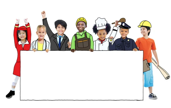 Kinder in Arbeitsuniform mit Transparent — Stockfoto