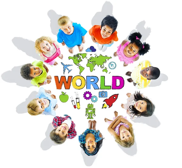 Multi-Ethnic Children with Text World and Related Symbols — Stock Photo, Image