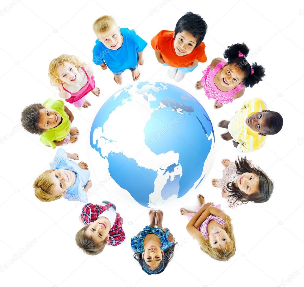 Kids standing around globe