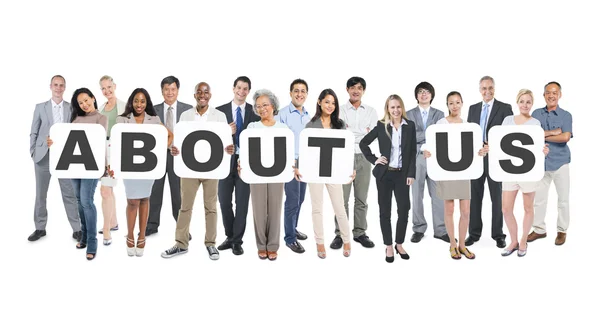 People Holding Placards Forming About Us — Stock Photo, Image