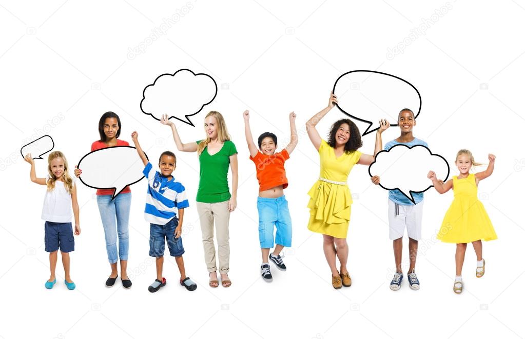 Children and Women Holding Speech Bubbles