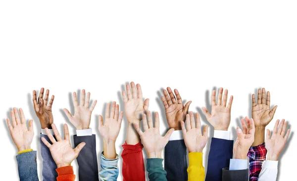 Diverse Colorful Hands Raised — Stock Photo, Image