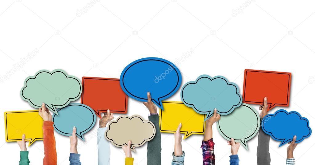 Hands Holding Colorful Speech Bubbles