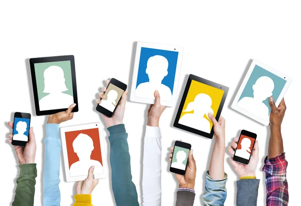 Hands Holding Digital Devices with Avatars — Stock Photo, Image