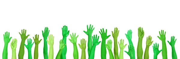 Green Environmental Hands Raised — Stock Photo, Image