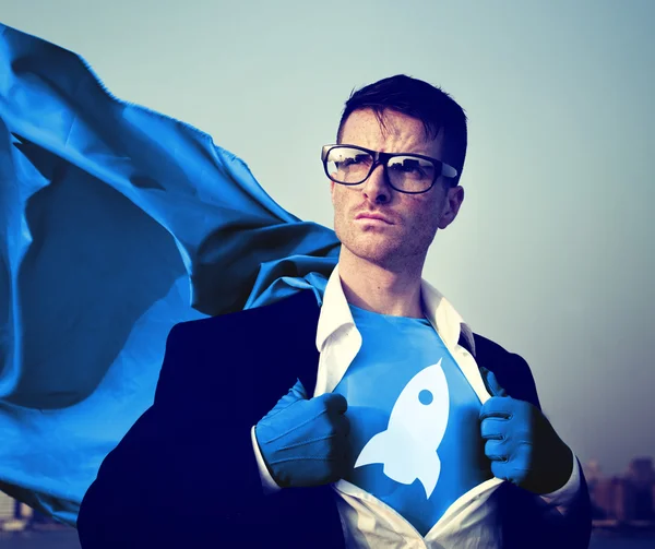 Superhero with rocket on t-shirt — Stock Photo, Image