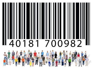 Group of multi ethnic people with barcode