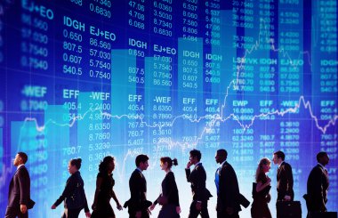 Grafik arka planı üzerinde iş adamları silüeti