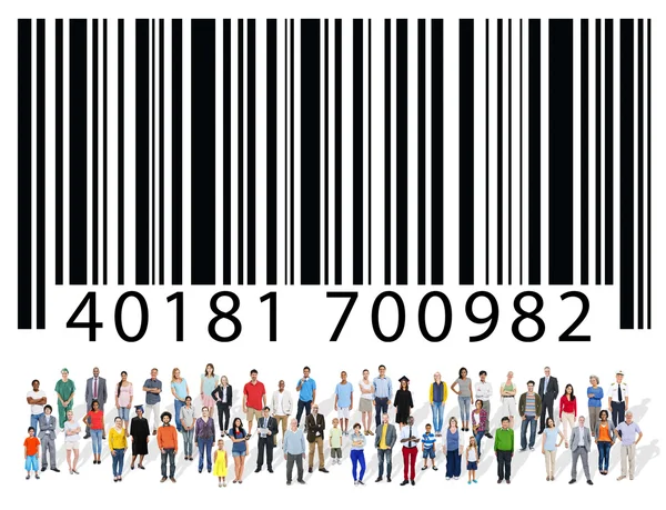 Group of multi ethnic people with barcode — Zdjęcie stockowe